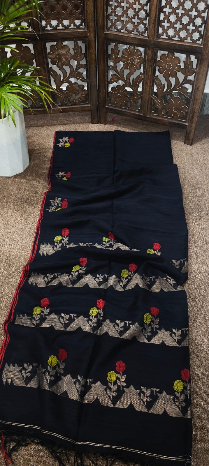 Resham bi wash matka saree from Bengal, with an golden weaving on black