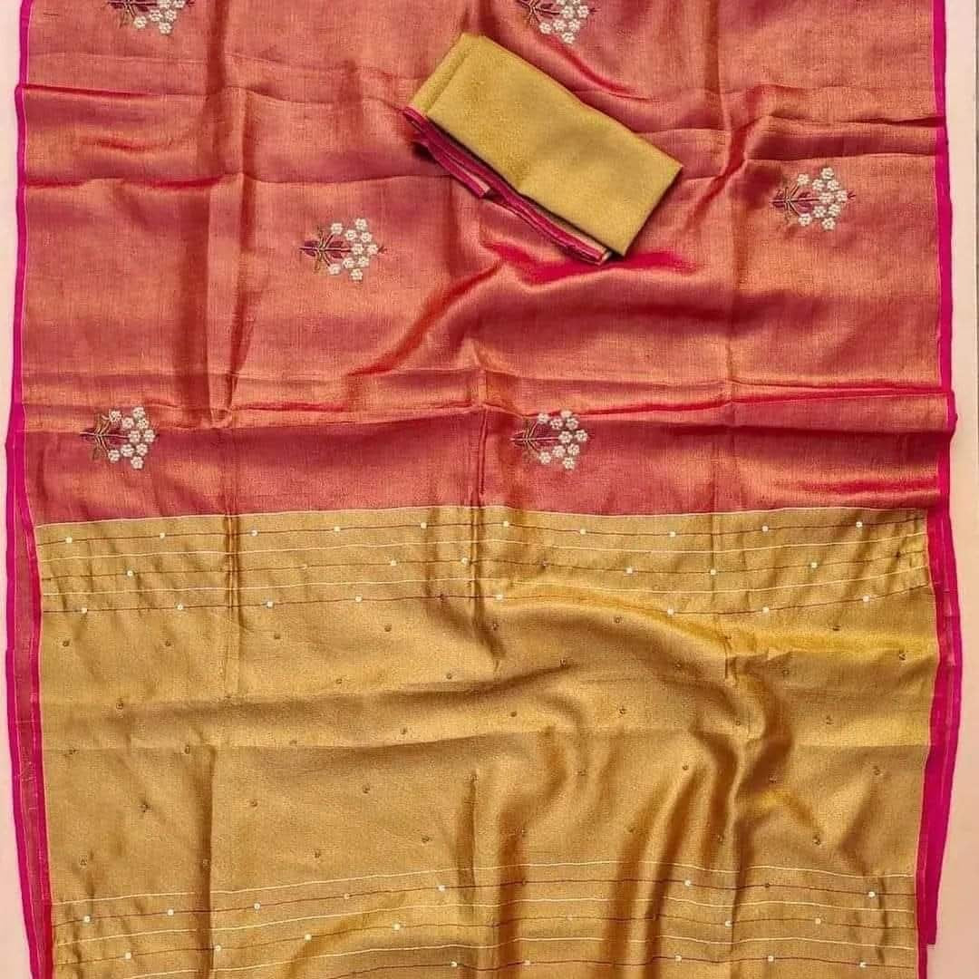 Tissue linen saree with handwork on saree - Peach - Linen Saree