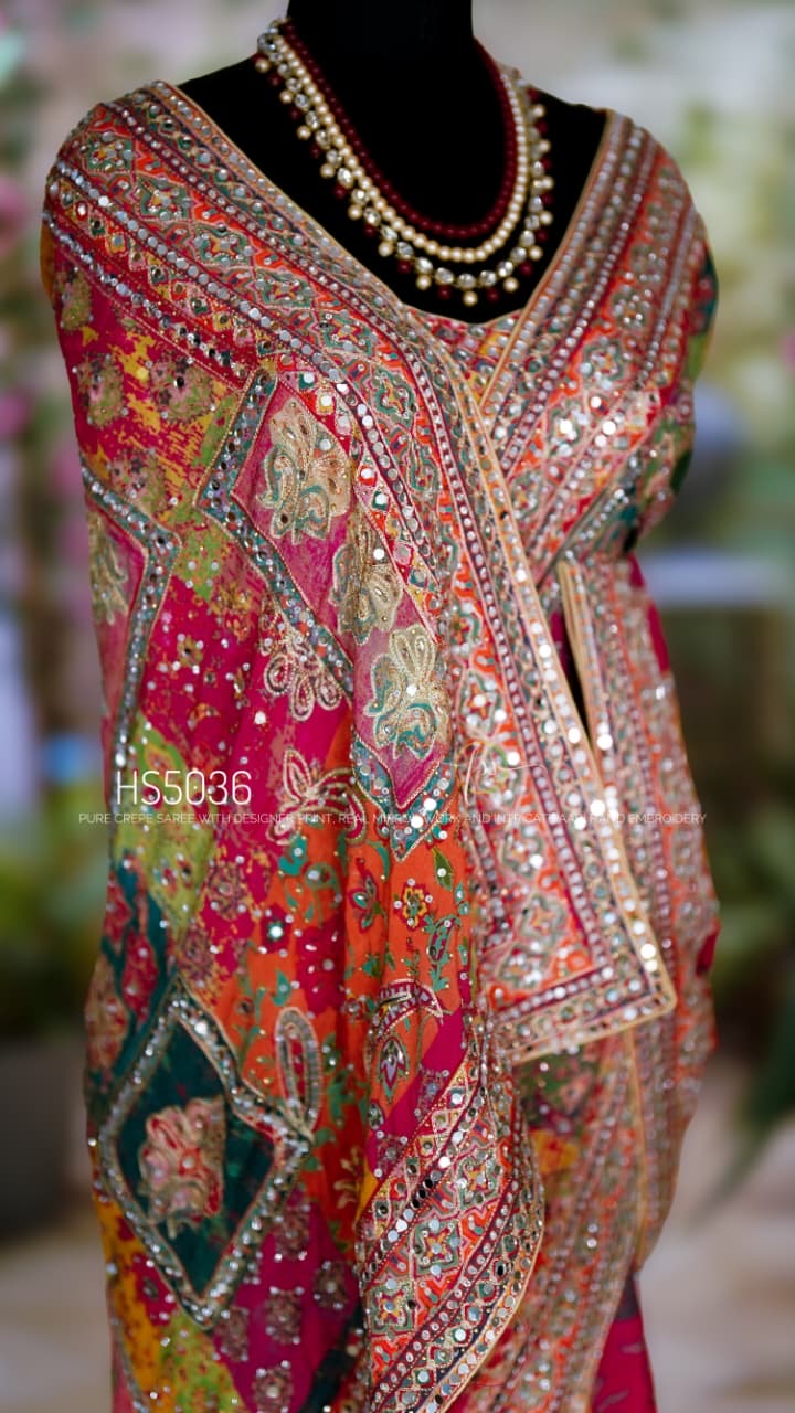 Celeb inspired chinnon silk saree , A Royal collection, stitched blouse