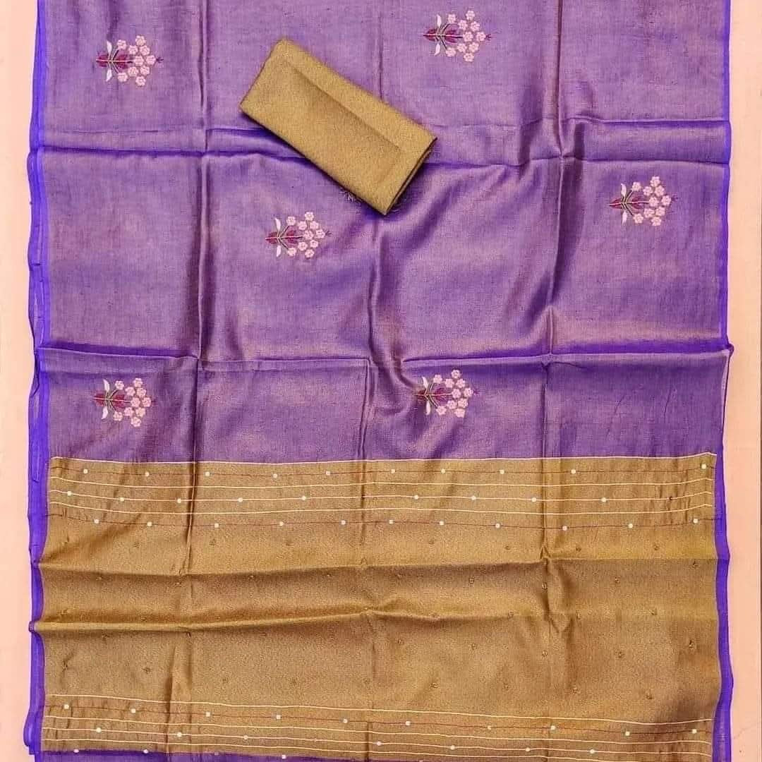 Tissue linen saree with handwork on saree - Purple - Linen Saree