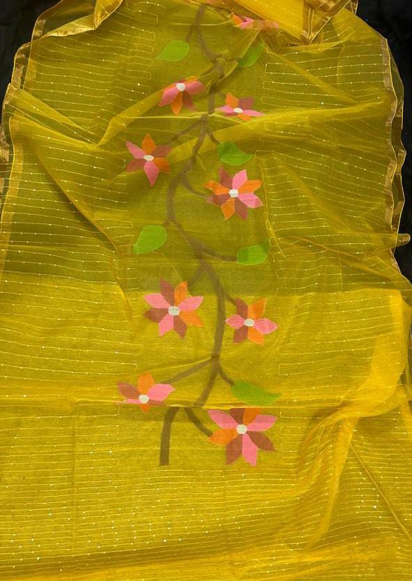 Muslin jamdani sare hand weaving sequins saree - Yellow