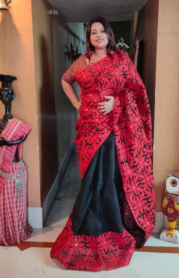 White Applique Saree - Black