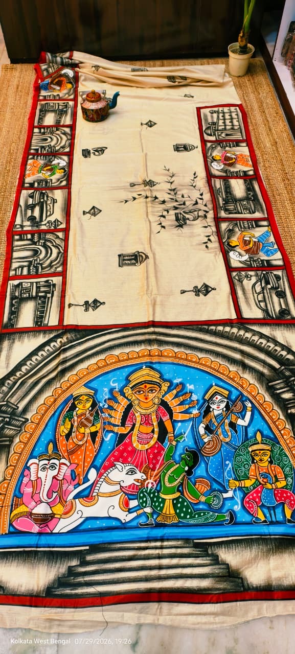 Premium collection of hand potochitra work on muga tussar silk
