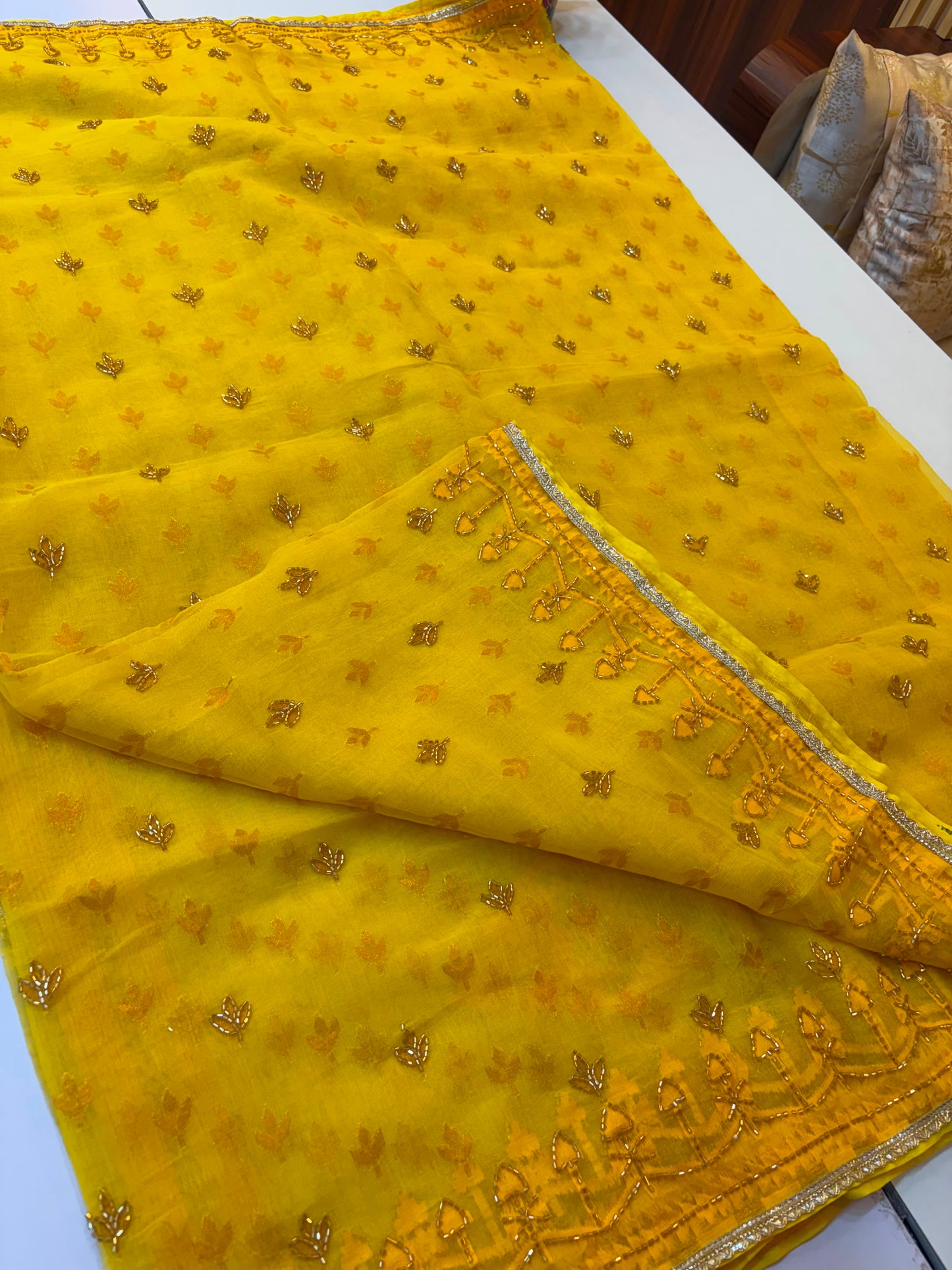 Cutdana work on Bengal origin soft dhakai jamdani sare, Double bit work