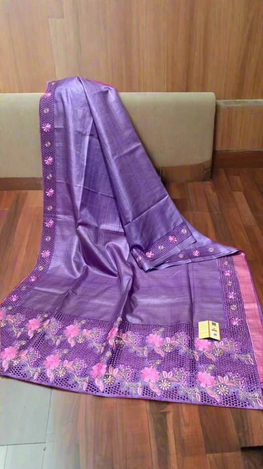 Cutwork border embroidery tussar silk saree, silk mark certified