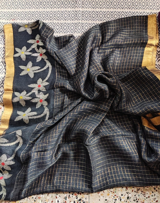 Linen Jamdani Saree flower design black colour - Linen Saree