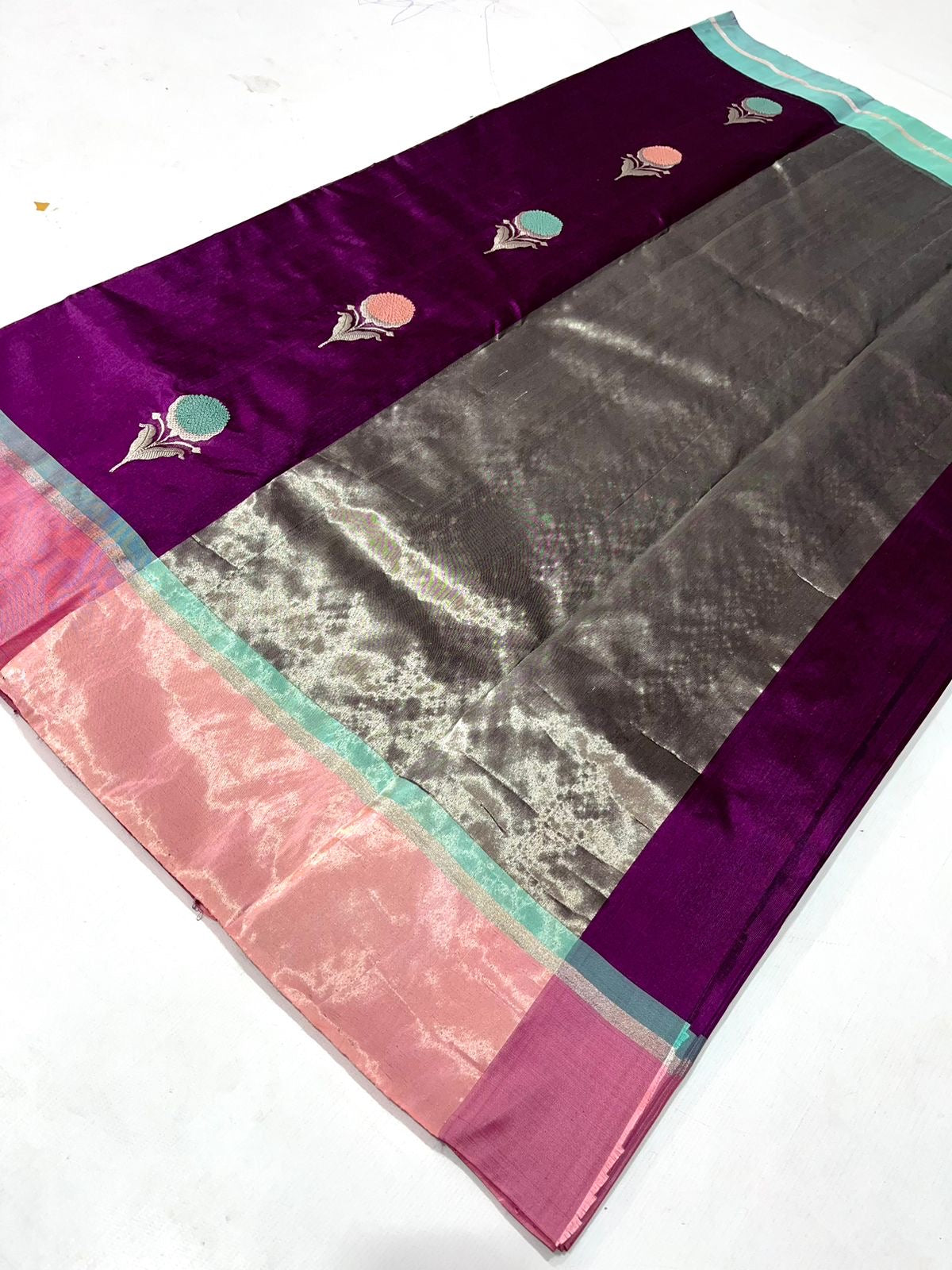 Wine coloured Kerala Pattu Tissue Saree with minakari kadwa butta Resham border and zari pallu - Silver white - Pattu