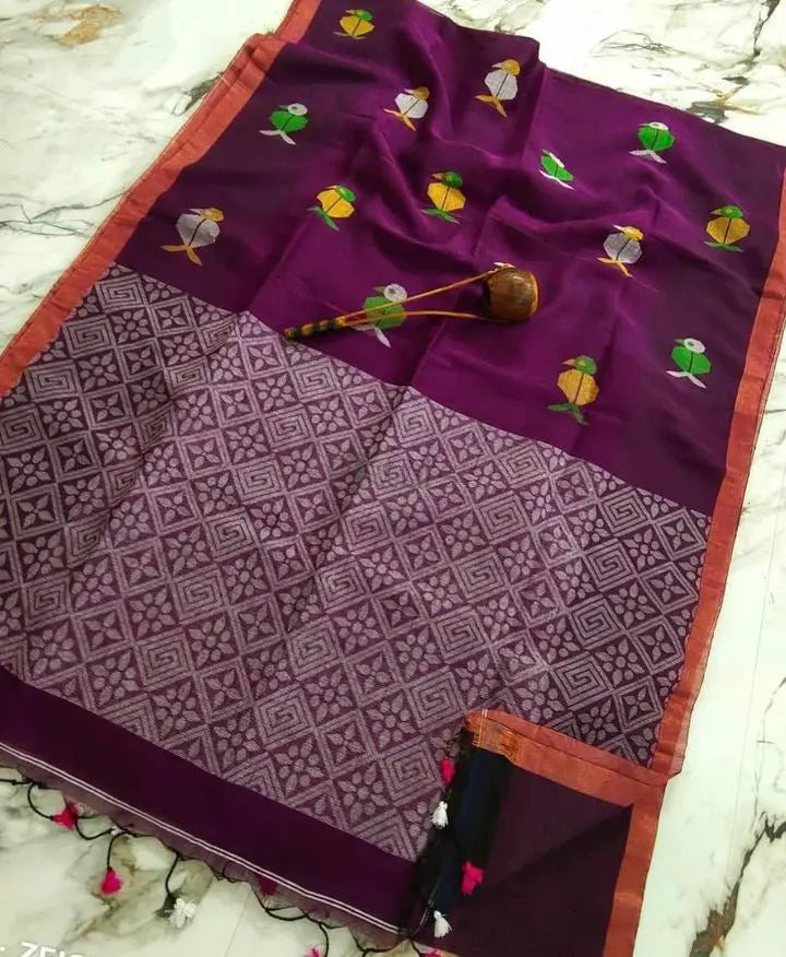 Linen  bird saree Putul's Fashion