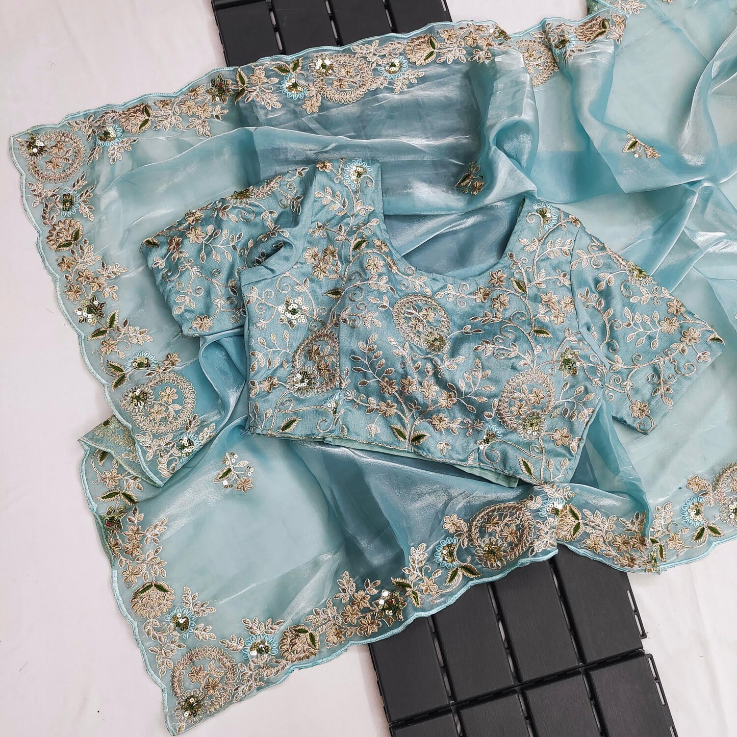 Jimmy Choo designer saree sky blue, unstitched blouse