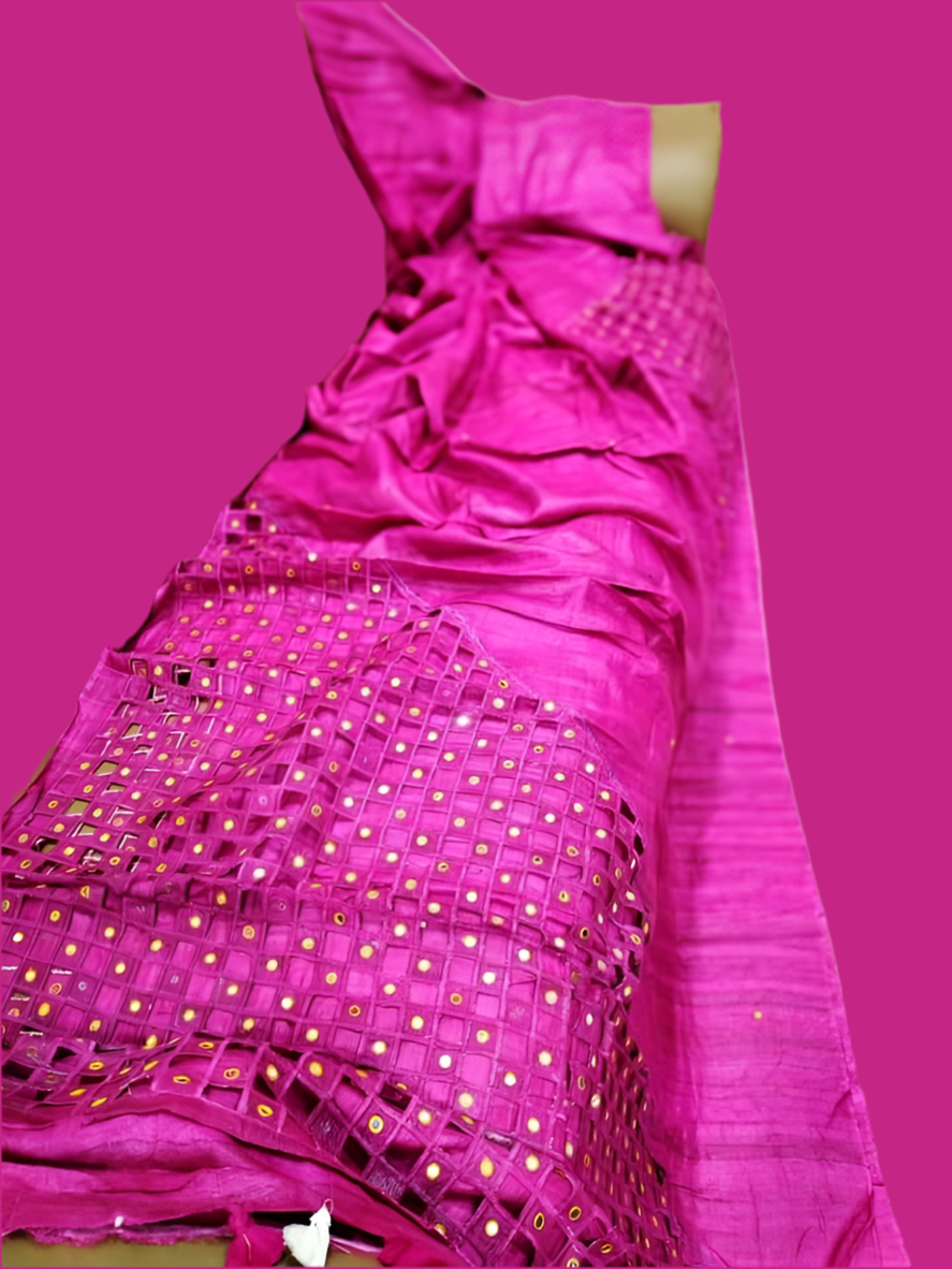 Cutwork and mirror work on tussar silk saree, silk mark certified