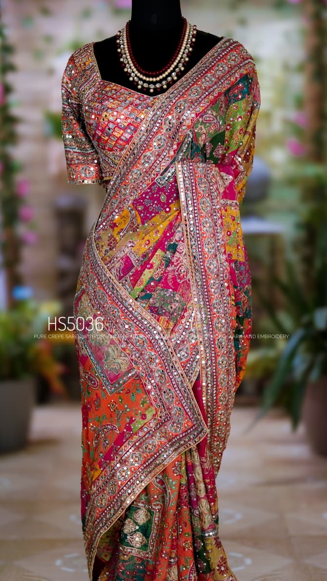 Celeb inspired chinnon silk saree , A Royal collection, stitched blouse