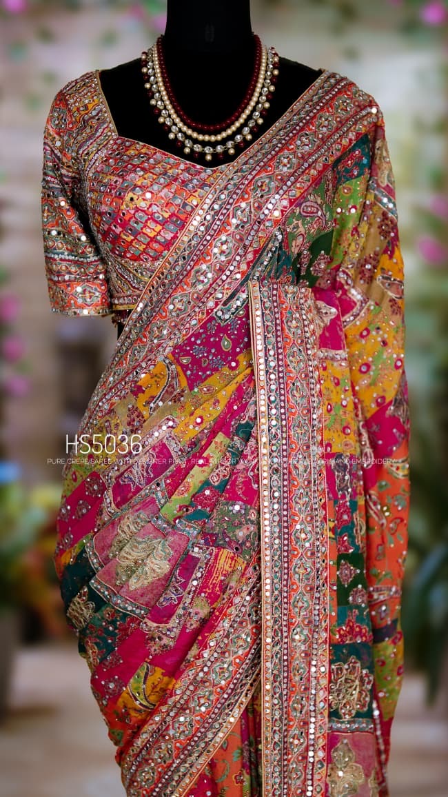 Celeb inspired chinnon silk saree , A Royal collection, stitched blouse