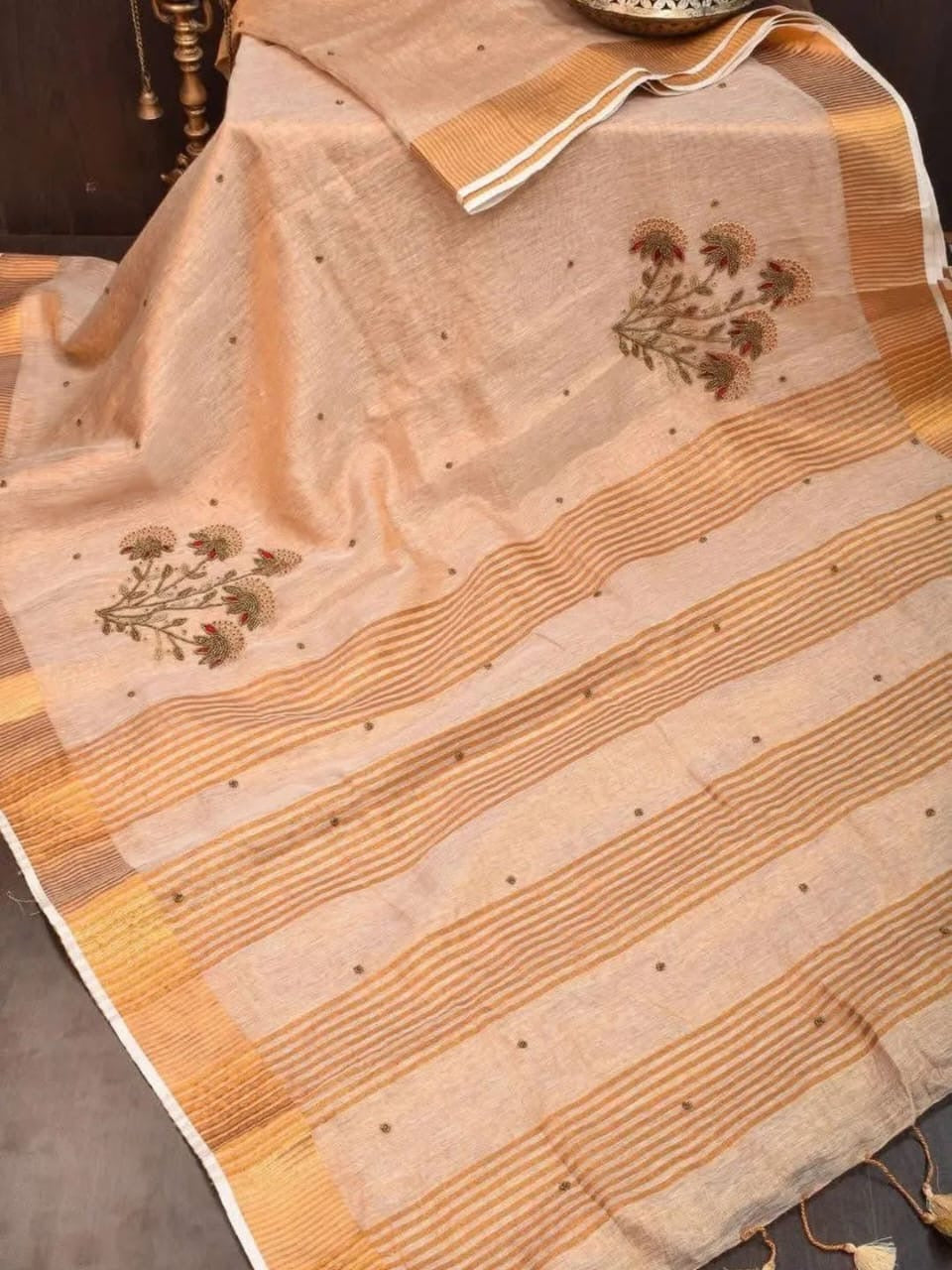 Elegant tissue Linen Jamdani Saree with hand French embroidery work from Putul's Fashion Collection