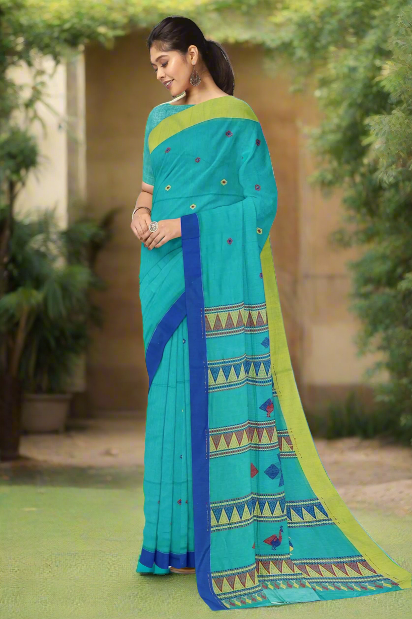 Teal coloured pure cotton saree