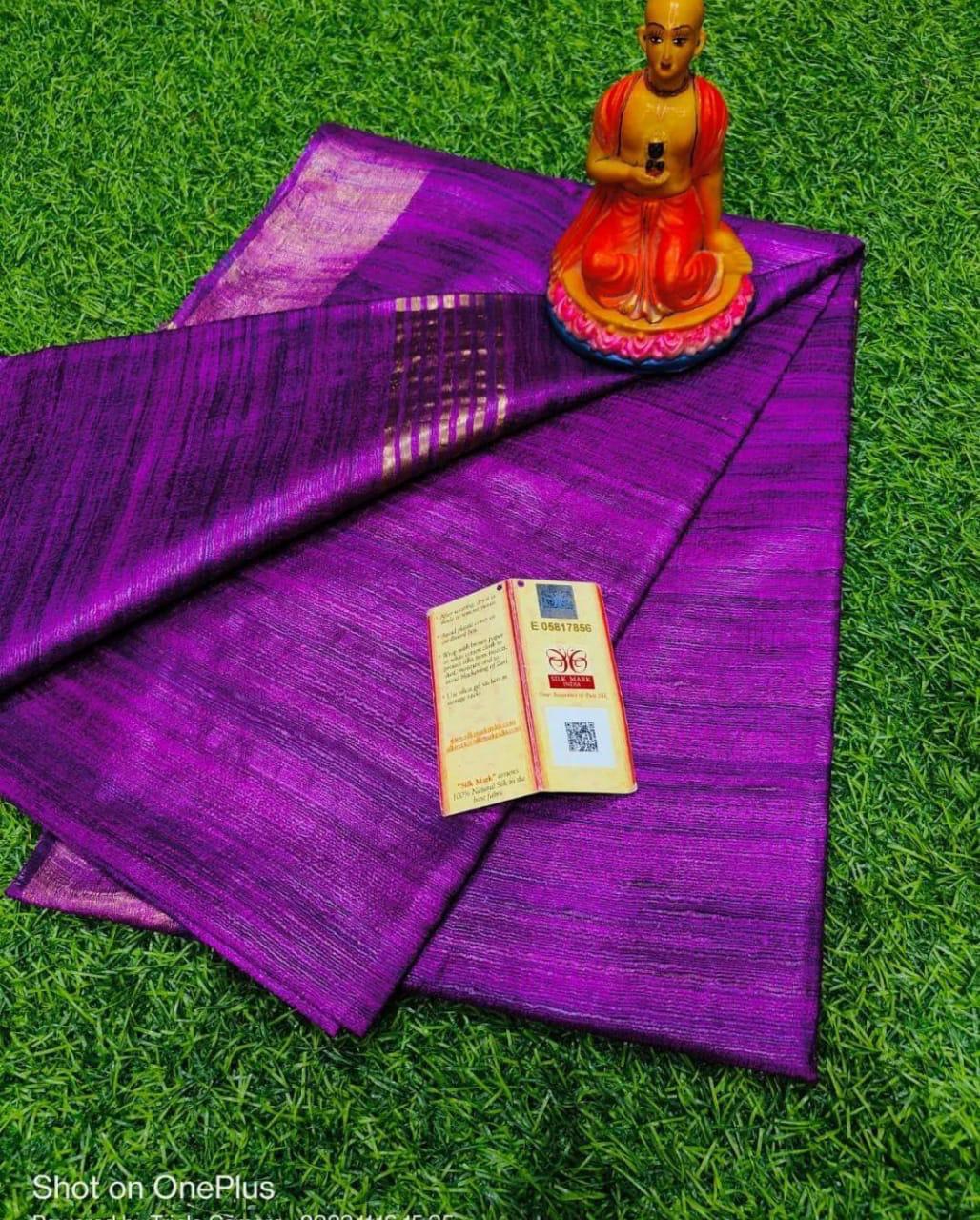 Single dye zari border gicha tussar silk saree silk mark certified