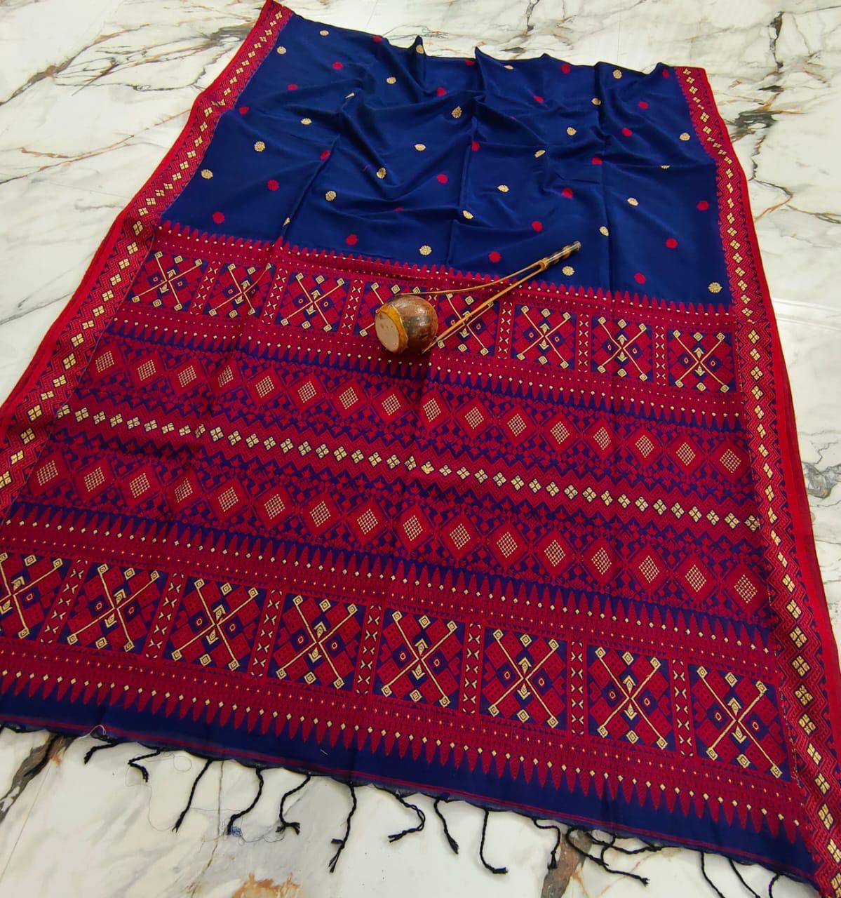 khadi cotton saree Assam kantha saree - Blue - Kantha stich