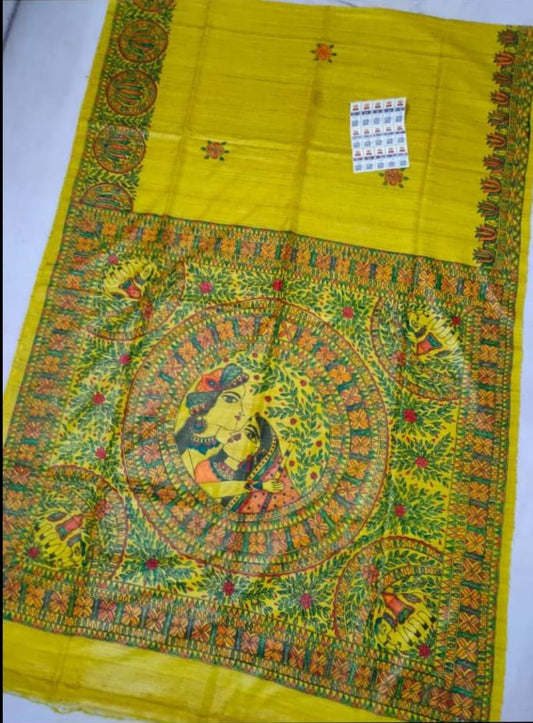 Radha Krishna Madhubani hand paint on tussar Gicha silk saree - Yellow