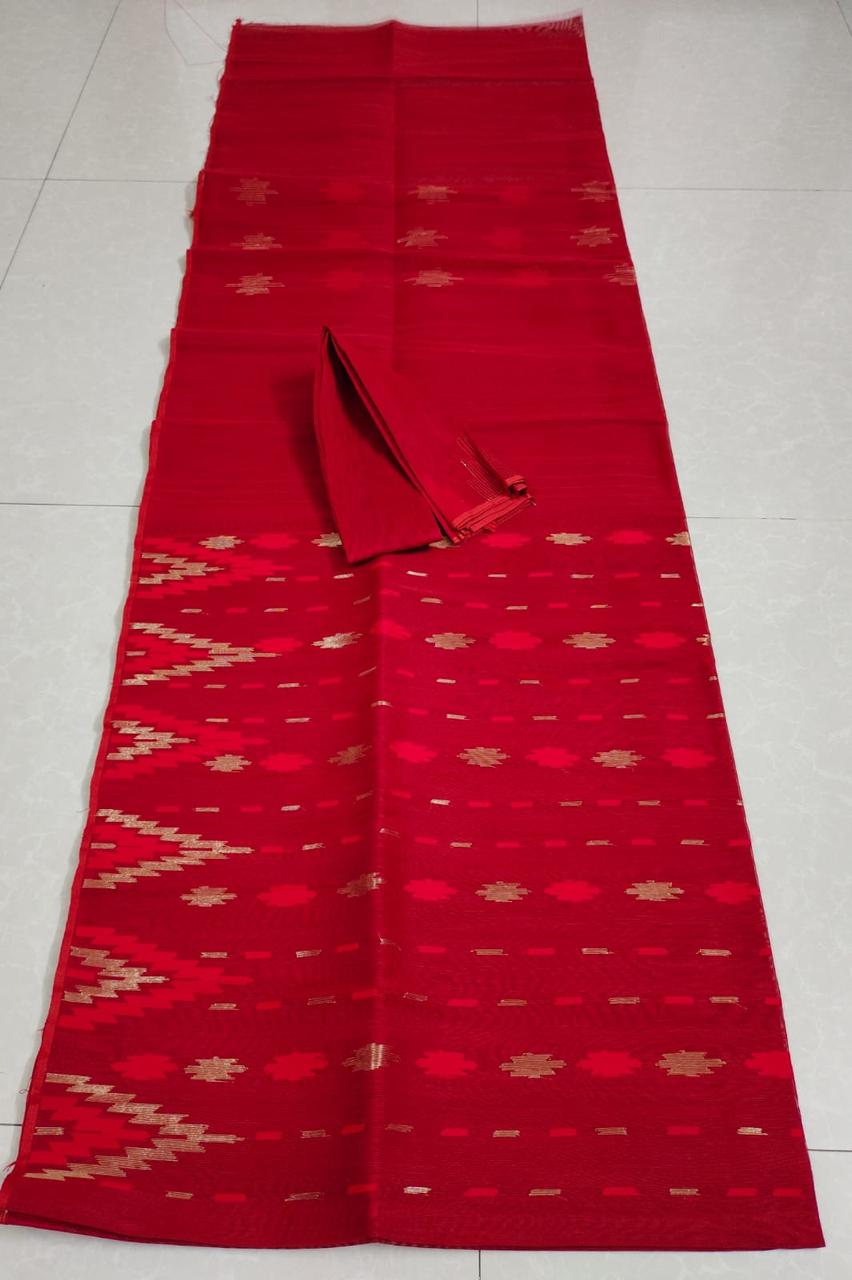 Blood red coloured Half silk jamdani from Bangladesh no blouse - Bangladesh jamdani