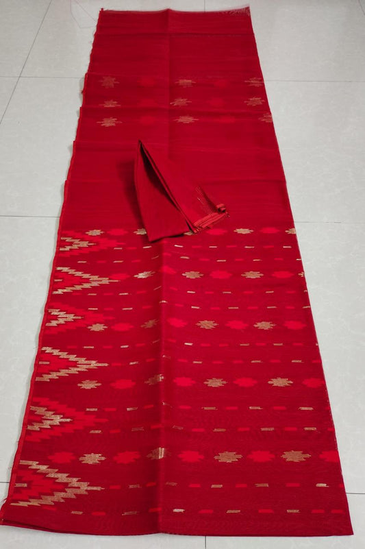 Blood red coloured Half silk jamdani from Bangladesh no blouse - Bangladesh jamdani