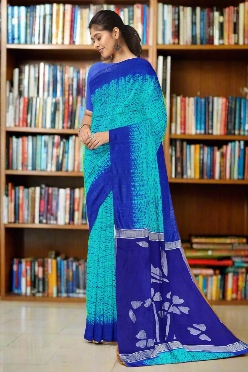 Sea green coloured shibori Motka saree from Bengal - motka silk