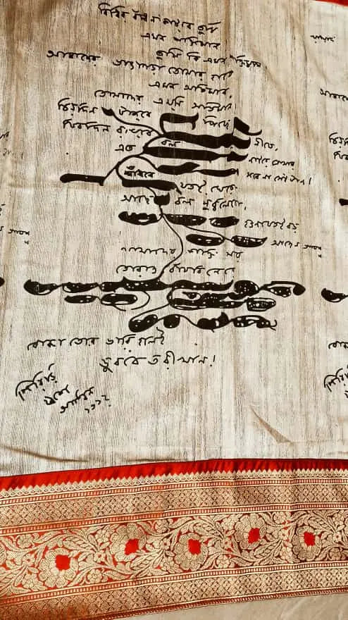 Block print scripts saree of kobiguru tussar silk My Store