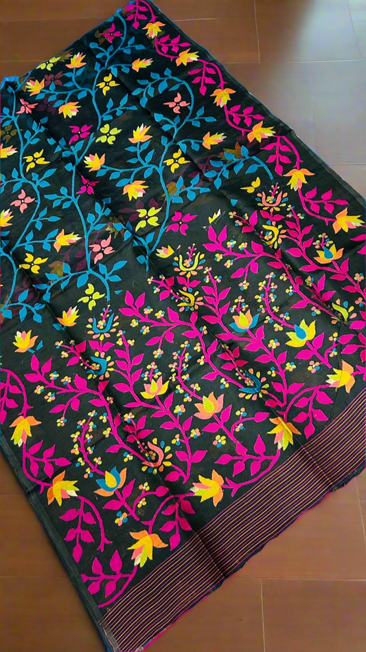 Black Muslin Tantuj jamdani saree from Bengal, multicoloured flower on original Resham