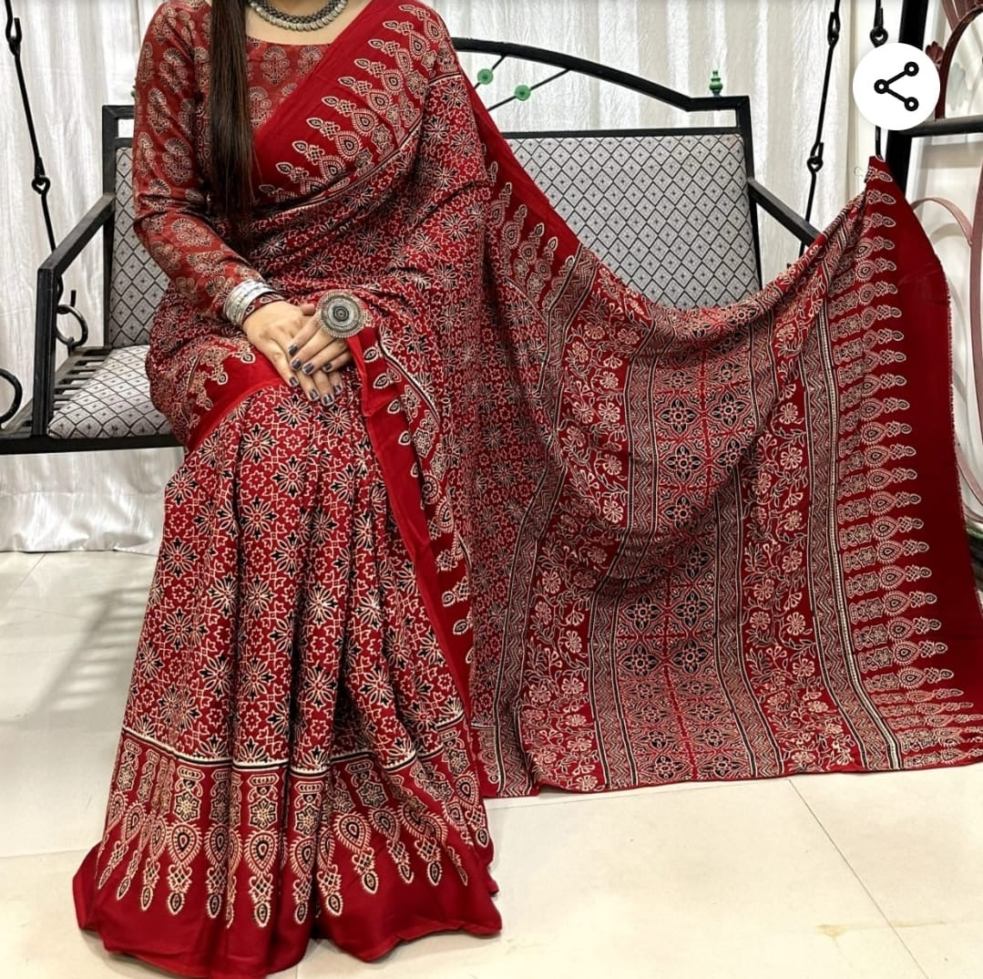 Modal silk saree Ajrakh print from Ajrakhpur - Soft silk
