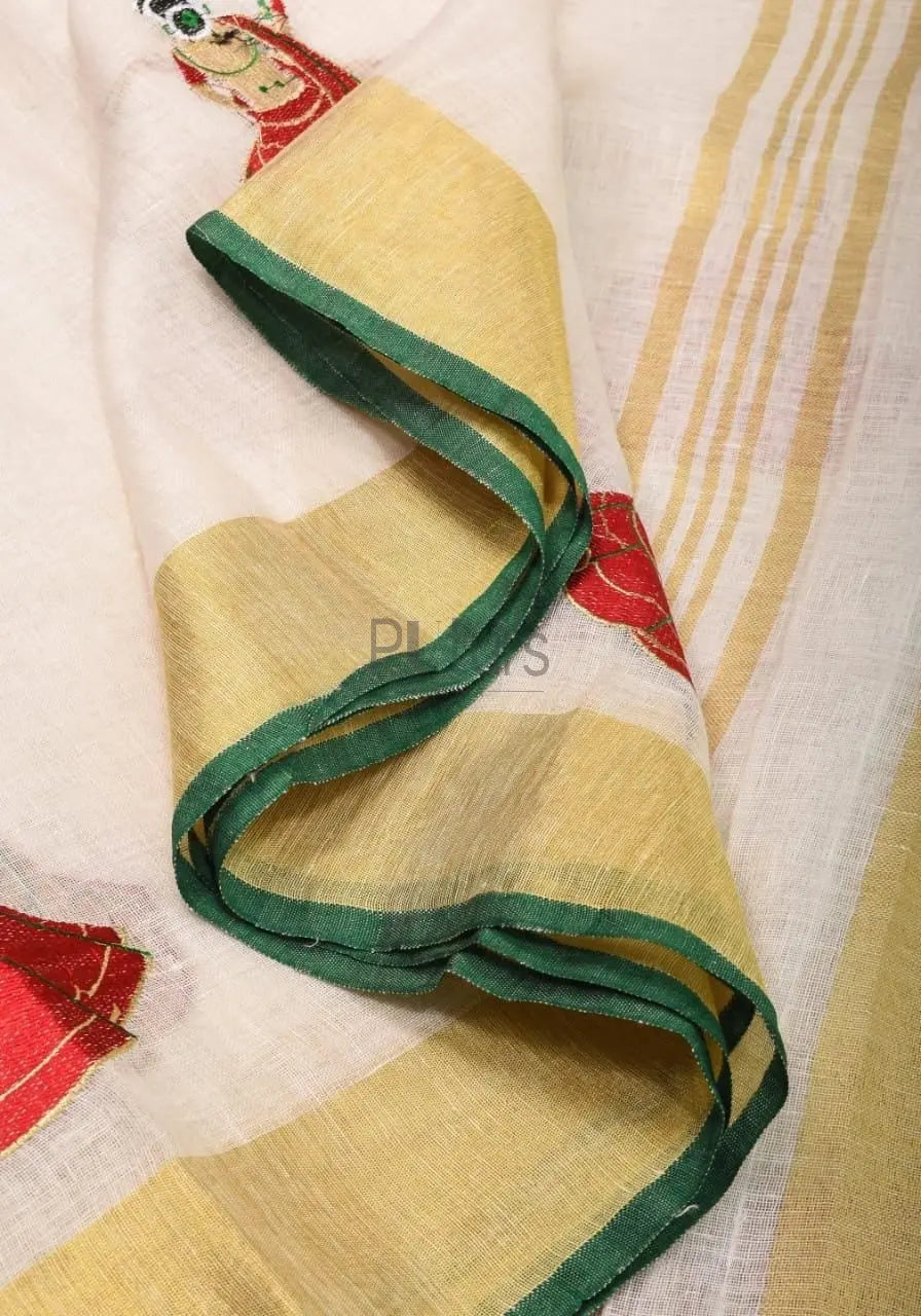 Linen saree with beautiful dancing lady on the saree Putul's Fashion