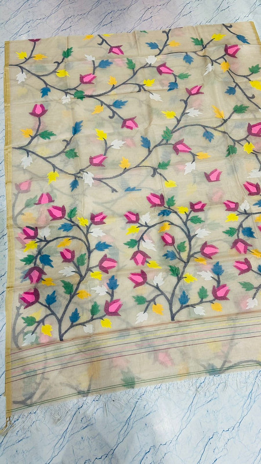 Cream Muslin Tantuj jamdani saree from Bengal, multicoloured flower on original Resham