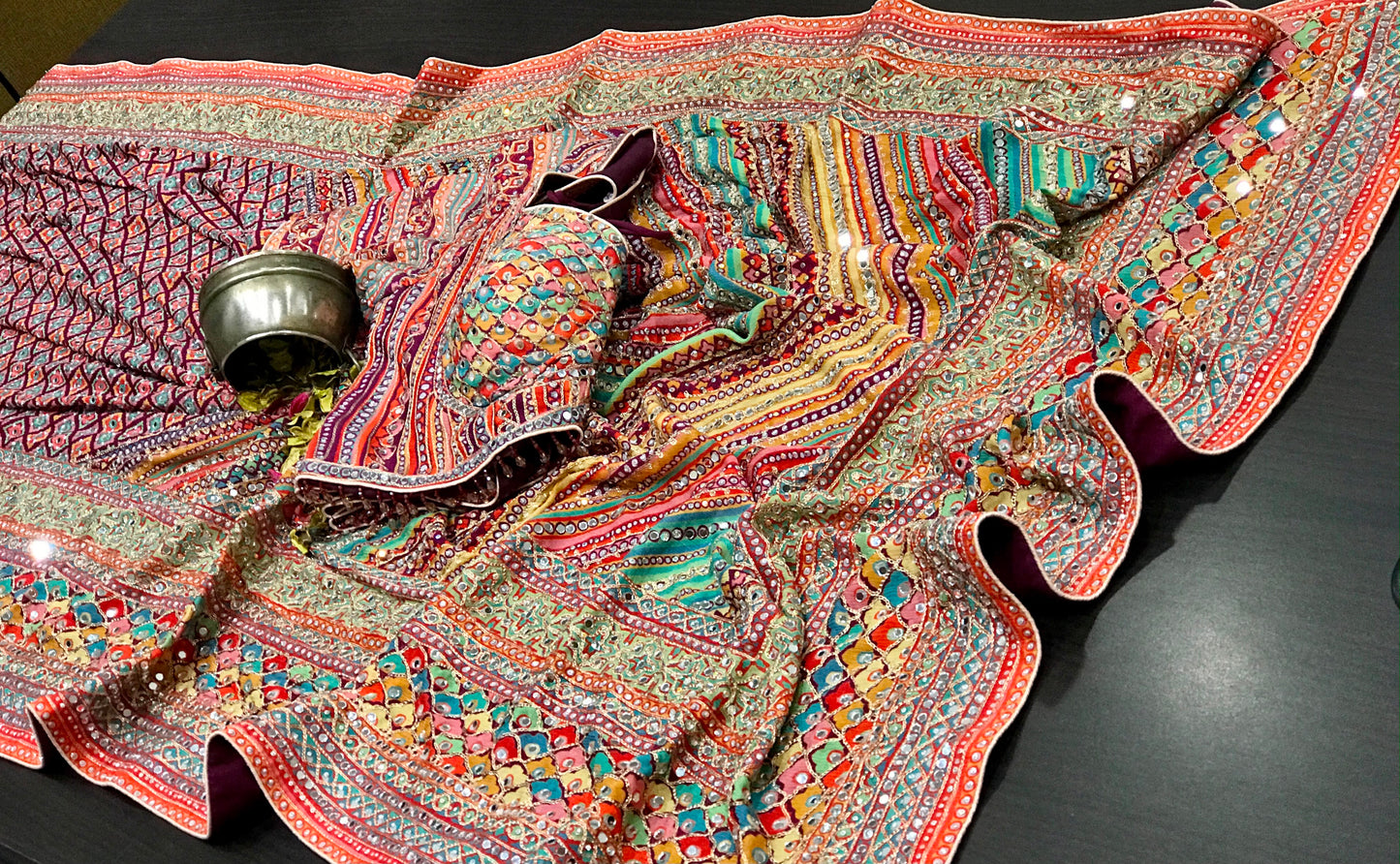 Trending viral Chinnon saree , Ajrakh with mirror work and antique stones with stitched blouse