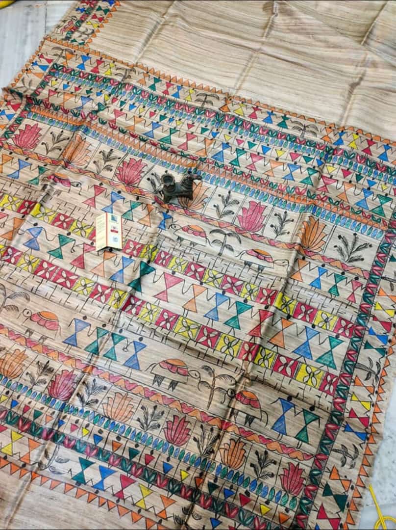 Madhubani hand paint on tussar silk saree