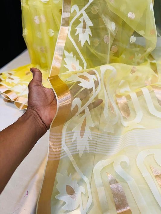 Light yellow Muslin silk jamdani saree - Yellow - muslin saree