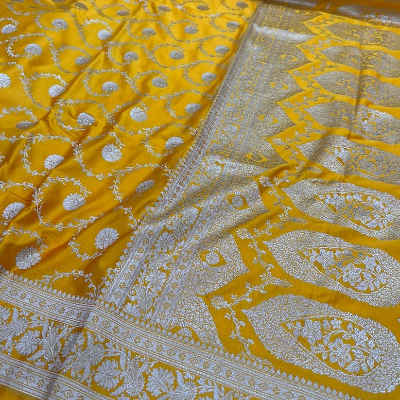 Jaal Mashru katan silk saree Directly from Banaras - Yellow - Mashru katan