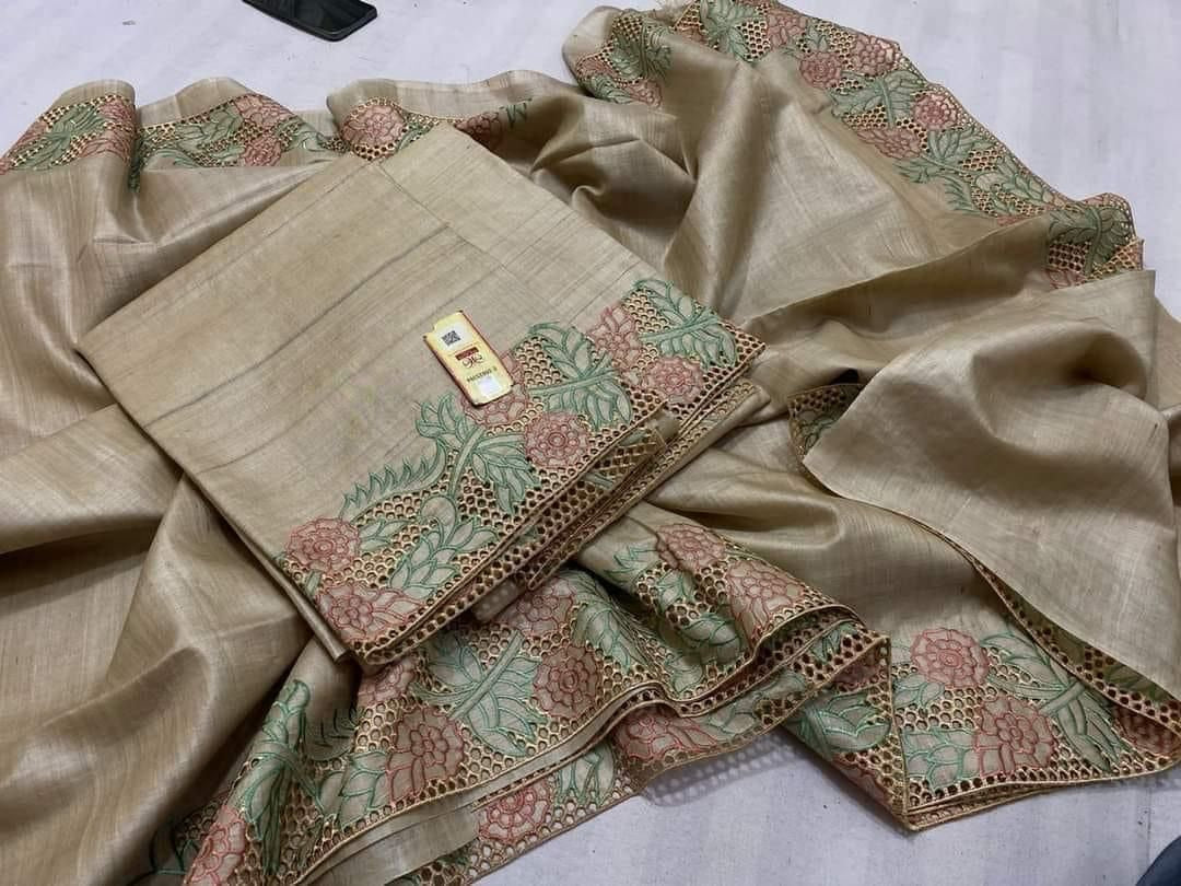 Tussar bi tussar cutwork embroidery silk marked saree