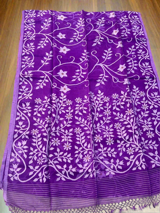 Brinjal violet Muslin Tantuj jamdani saree from Bengal