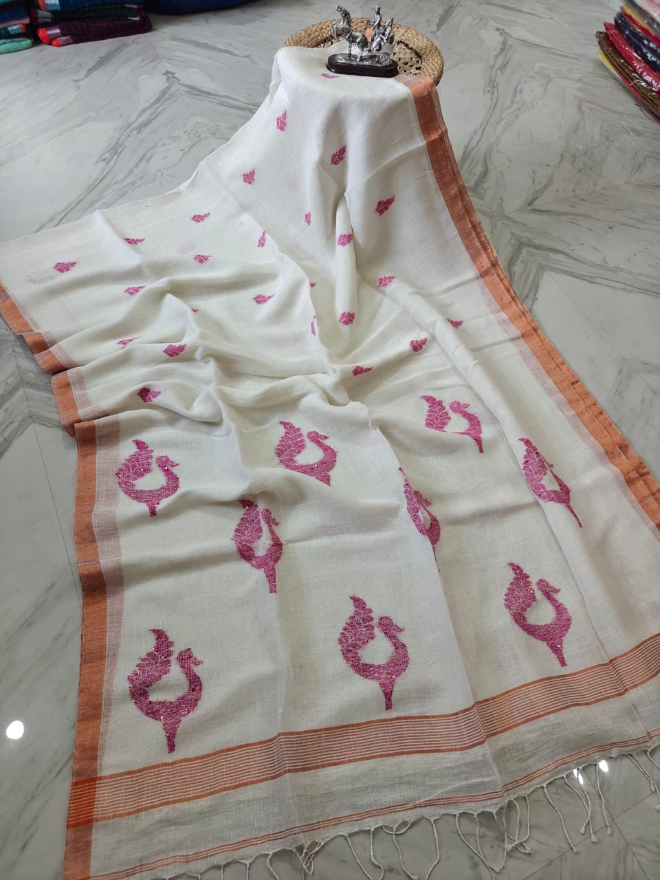 Linen jamdani saree peacock motif