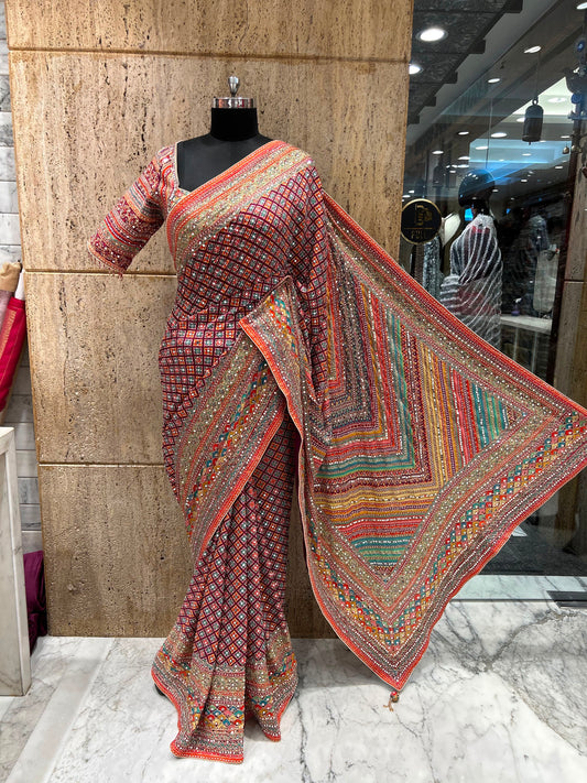 Trending viral Chinnon saree , Ajrakh with mirror work and antique stones with stitched blouse