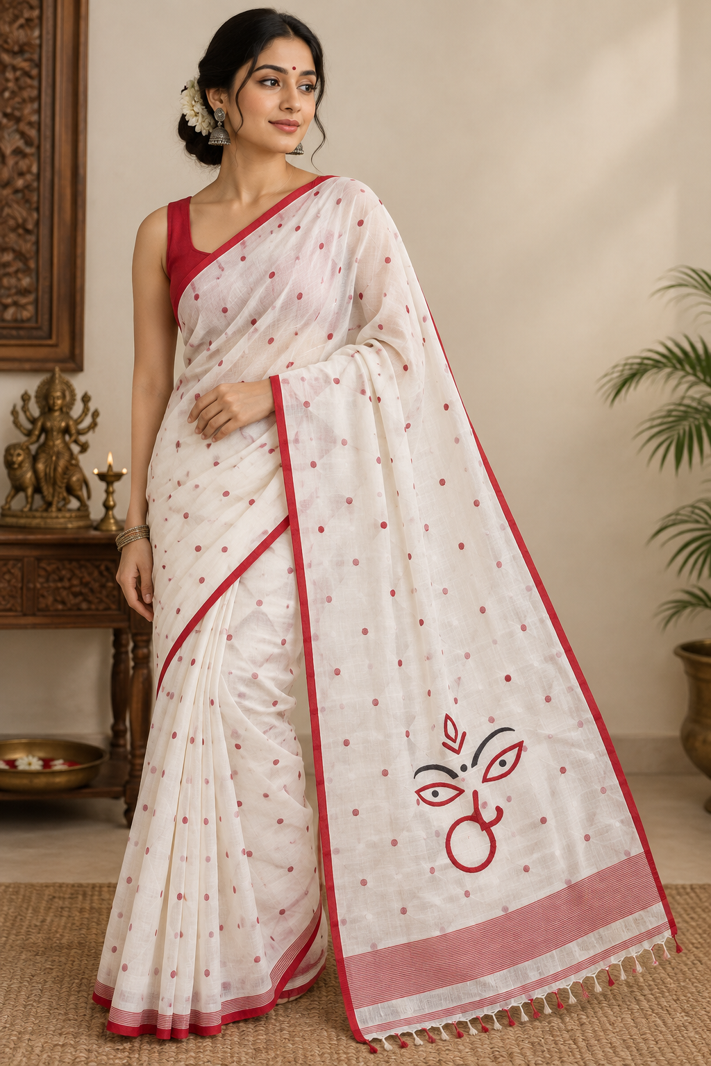 Puja special white red cotton tant jamdani saree needle work