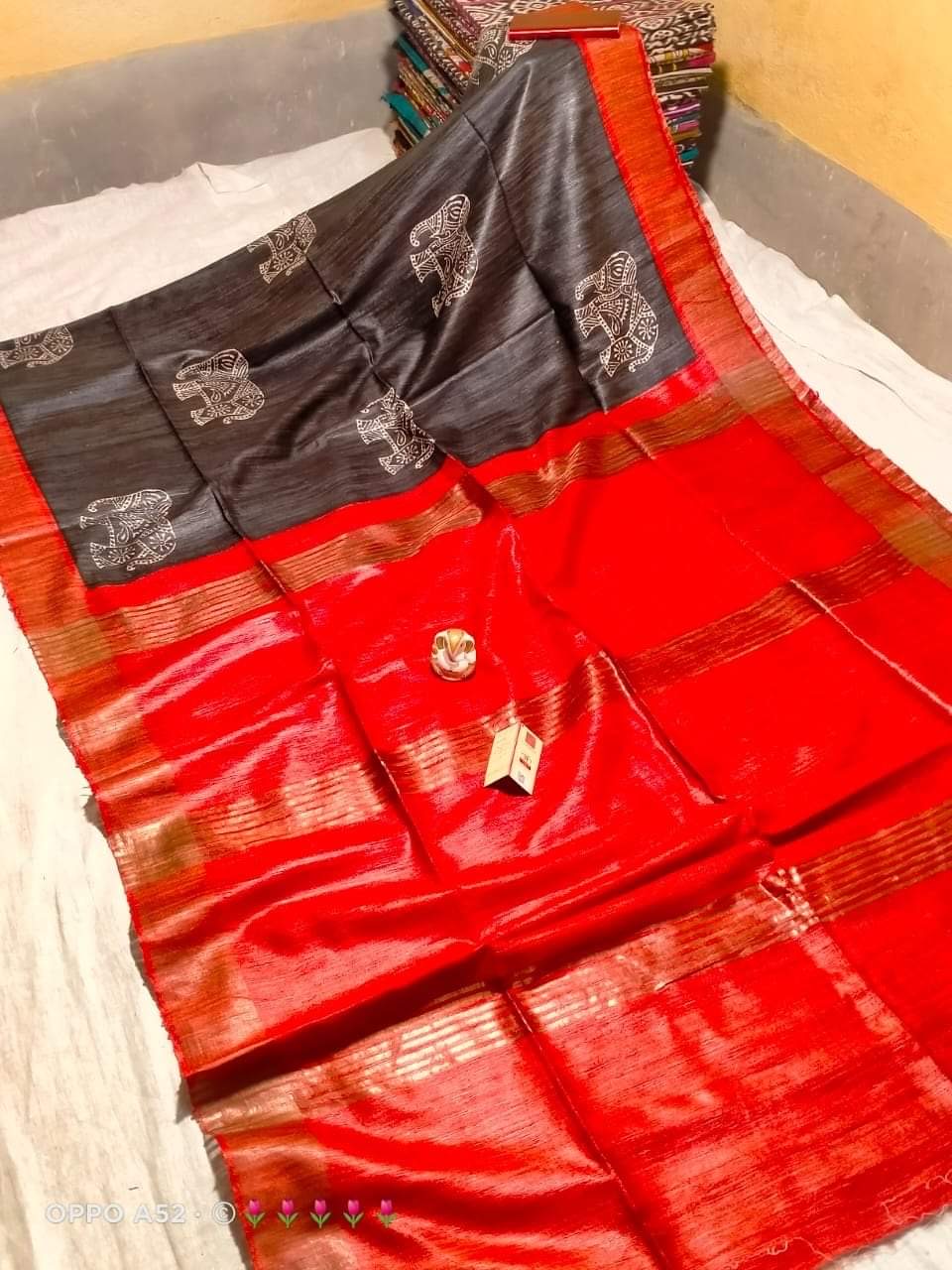 Elephant motif Zari border tussar gicha silk saree , silk mark certified