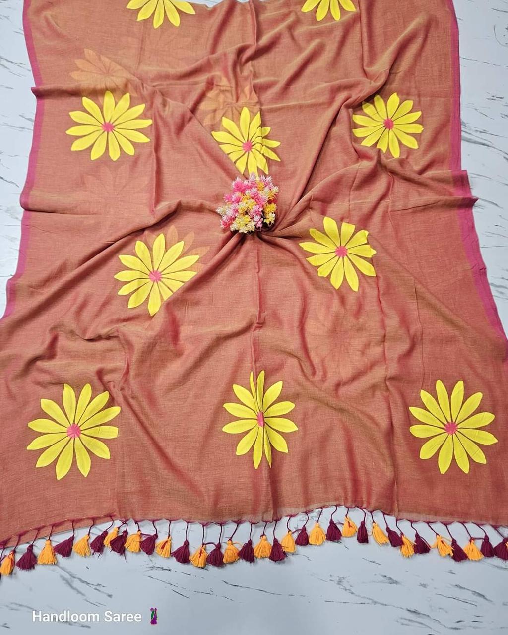 250 gram weight handpainted mul cotton saree dual tone - Dual orange - mal cotton