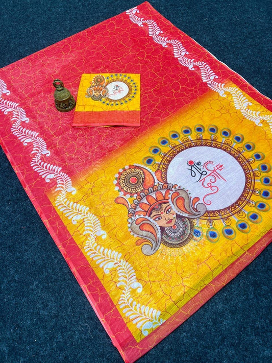 Linen Digital Print Saree puja motif - Maa