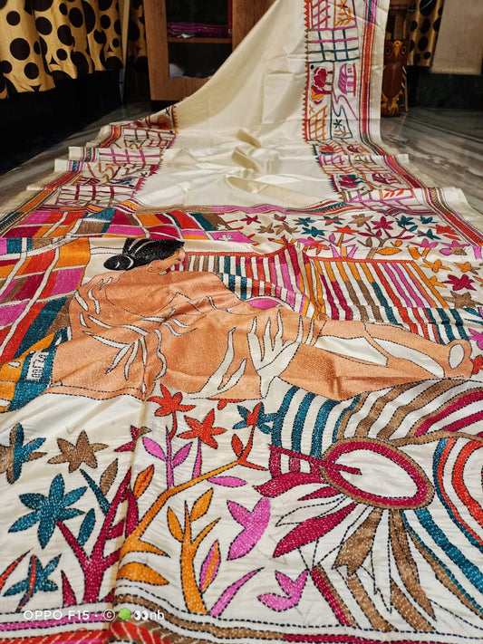 Cream coloured kantha stitch saree on blended Bangalore silk