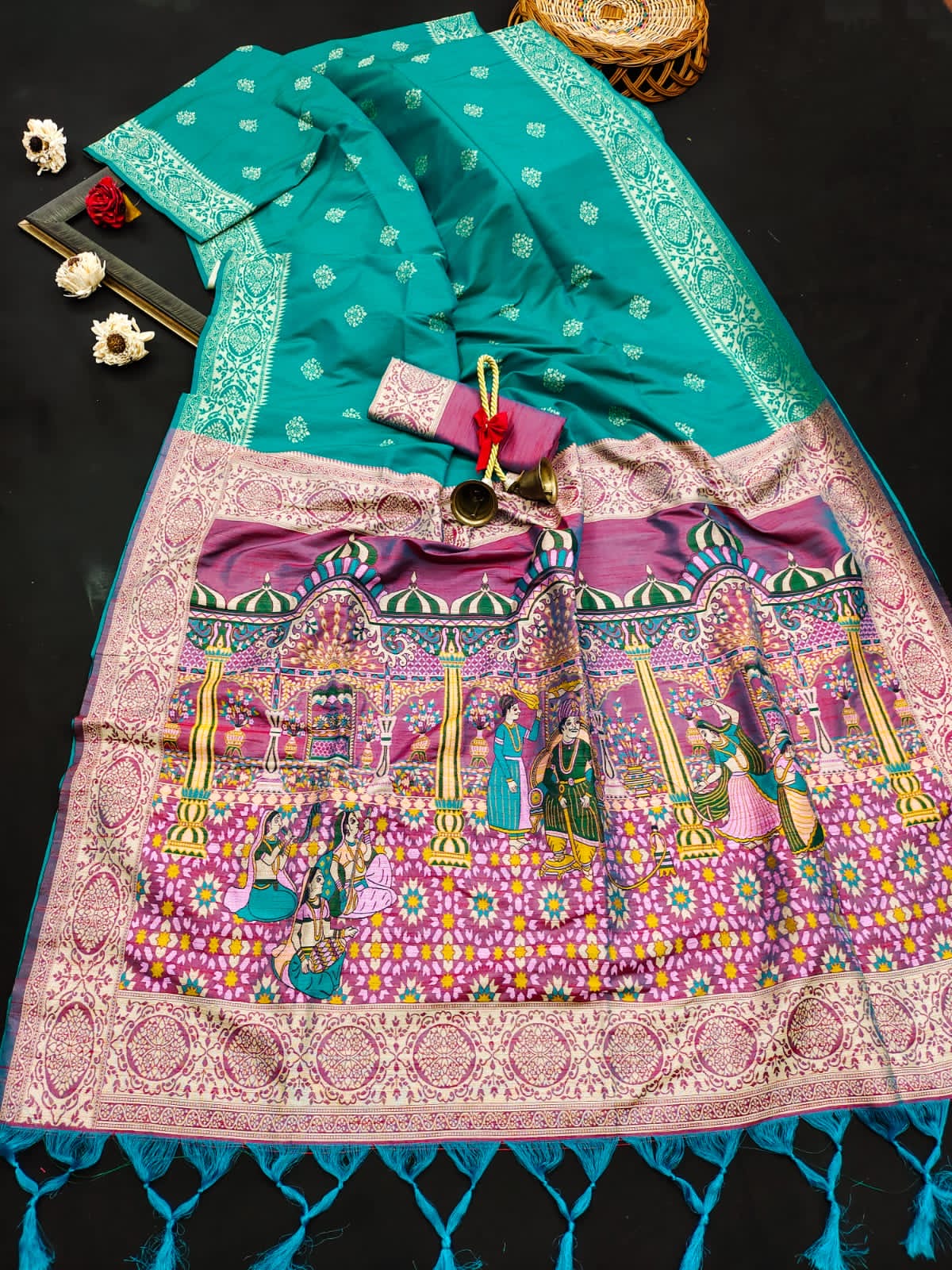 Raw silk saree in ancient motif anchol - Sea green