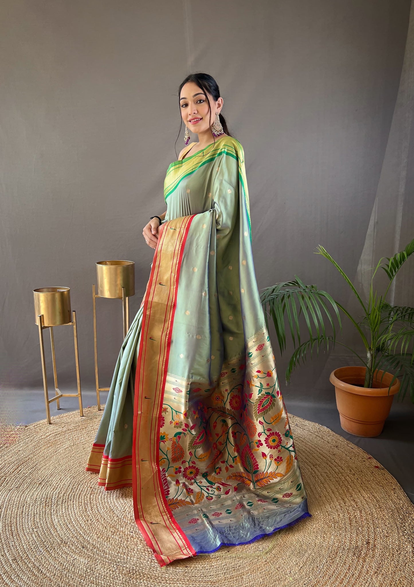Ganga yamuna border paithani kanchipuram fusion saree - Steel - Paithani silk