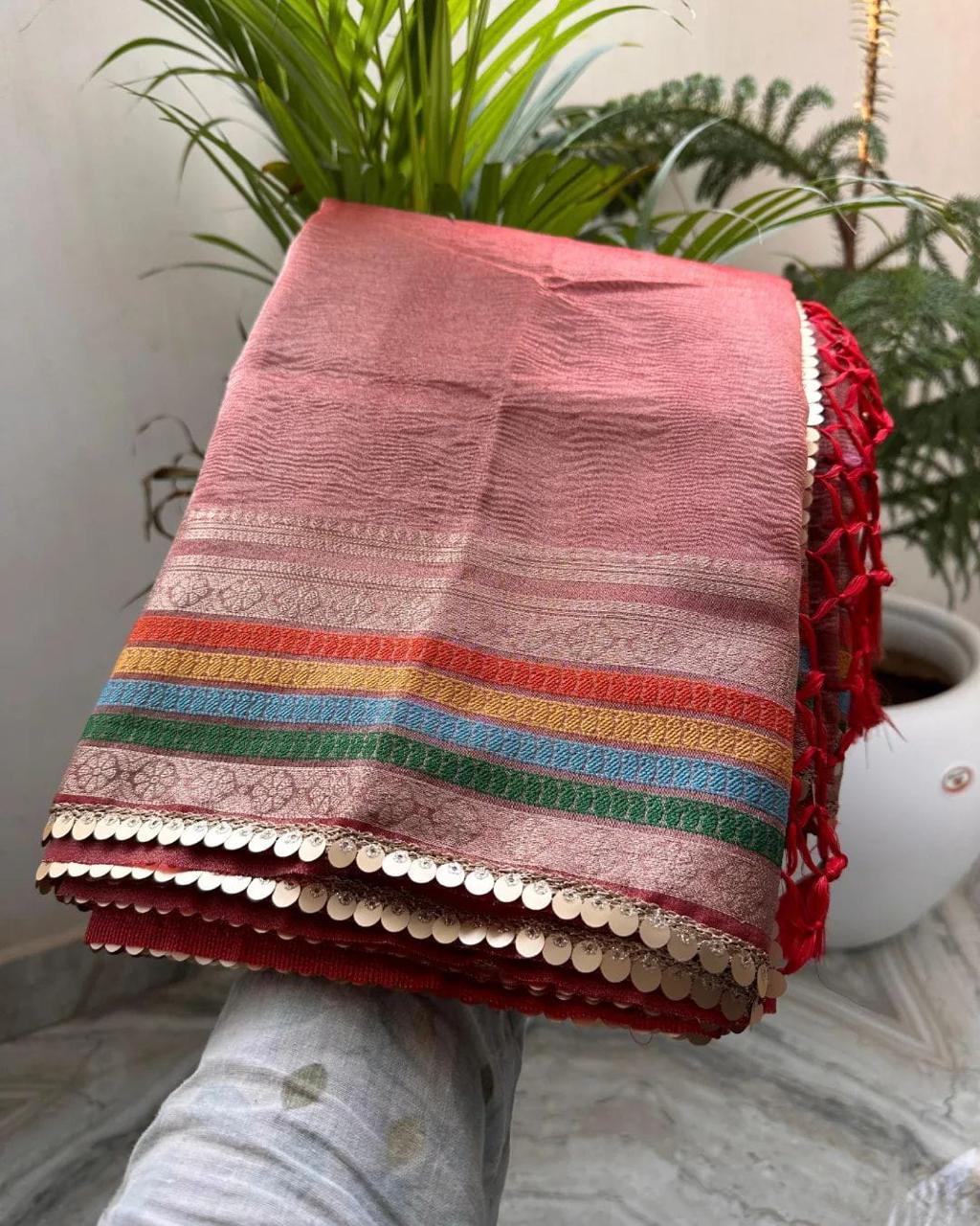 Banarasi crushed tissue multicoloured border - Rose gold
