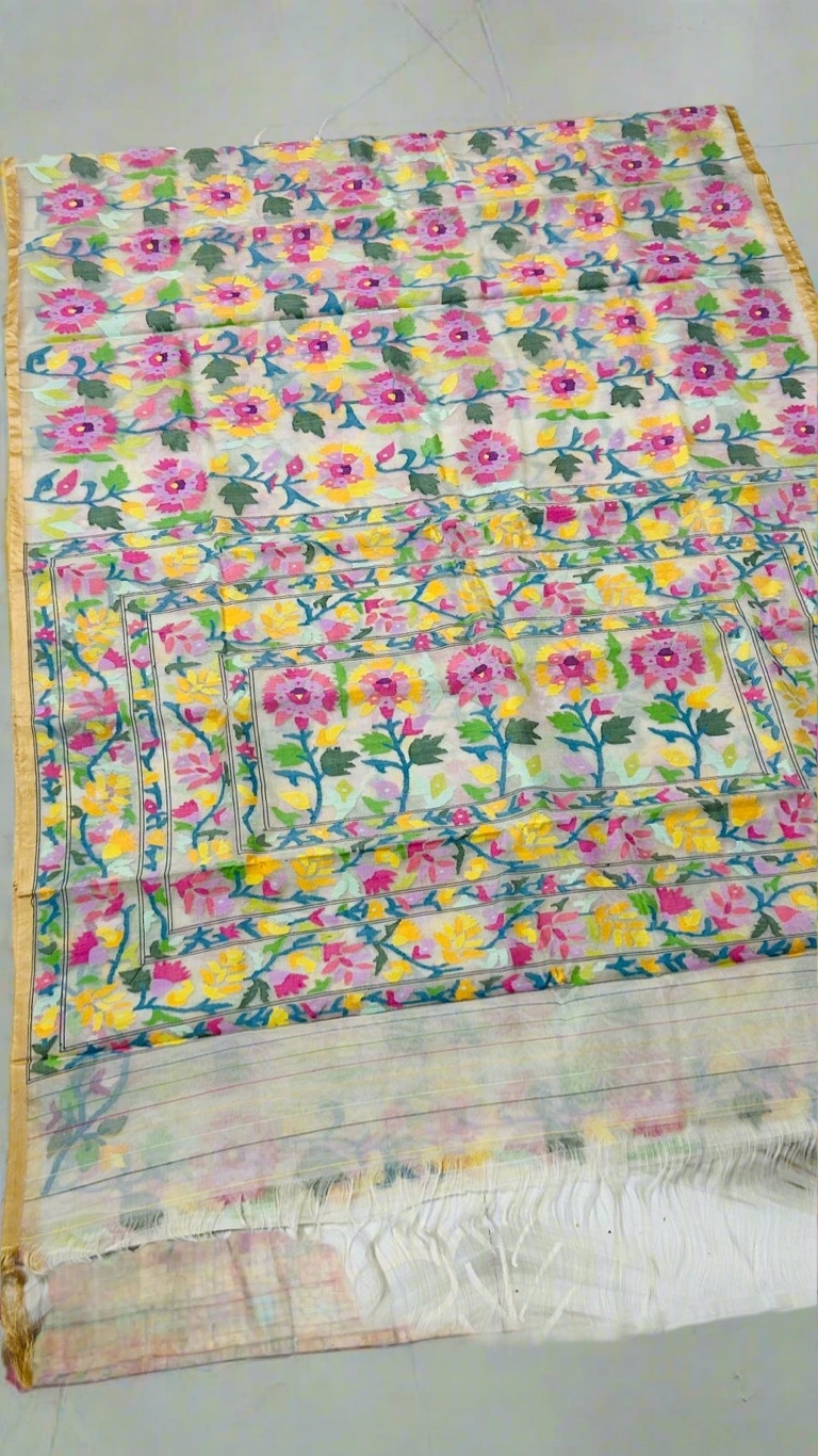 Muslin Tantuj jamdani saree from Bengal multicoloured flower on original Resham - Cream - Tantuj muslin
