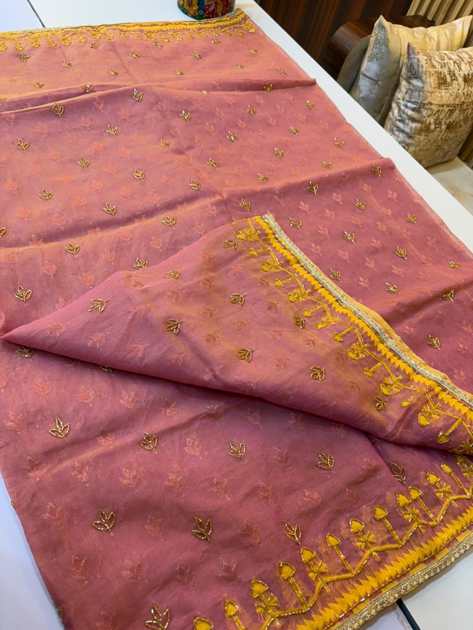 Cutdana work on Bengal origin soft dhakai jamdani sare, Double bit work