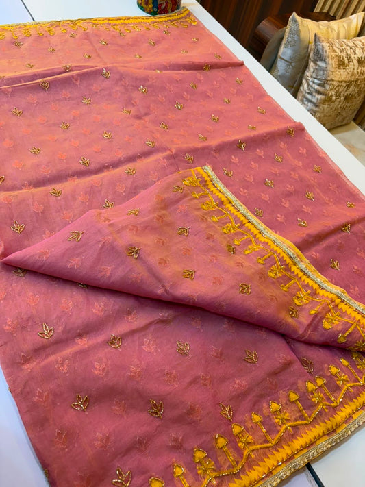Cutdana work on Bengal origin soft dhakai jamdani sare, Double bit work