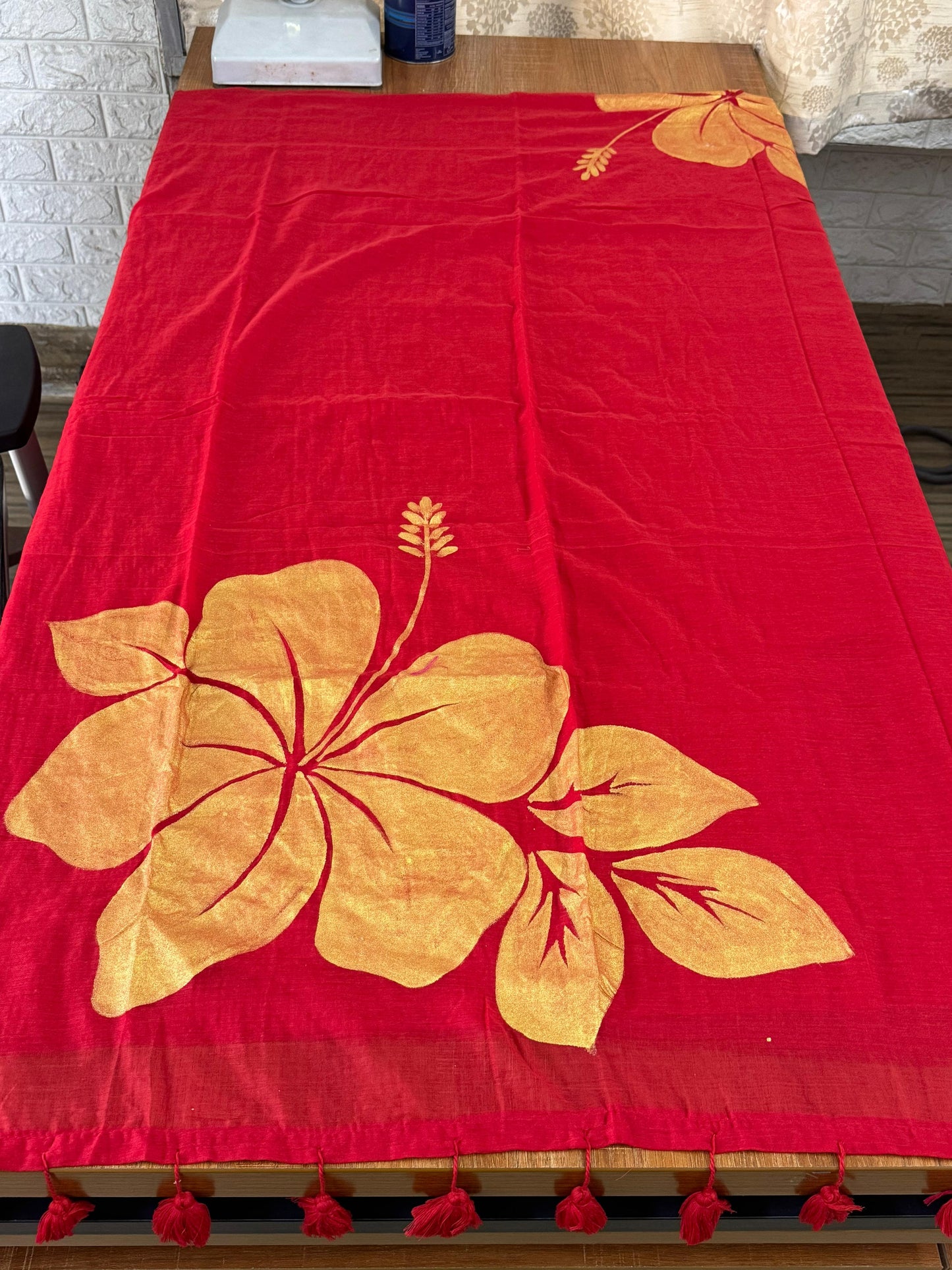 Pink and Teal Bengal Origin mul Cotton Saree with Golden Hibiscus hand paint