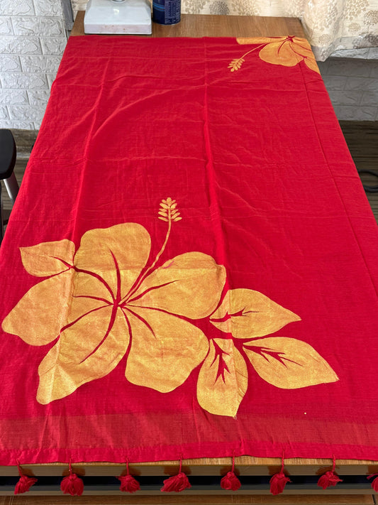 Pink and Teal Bengal Origin mul Cotton Saree with Golden Hibiscus hand paint